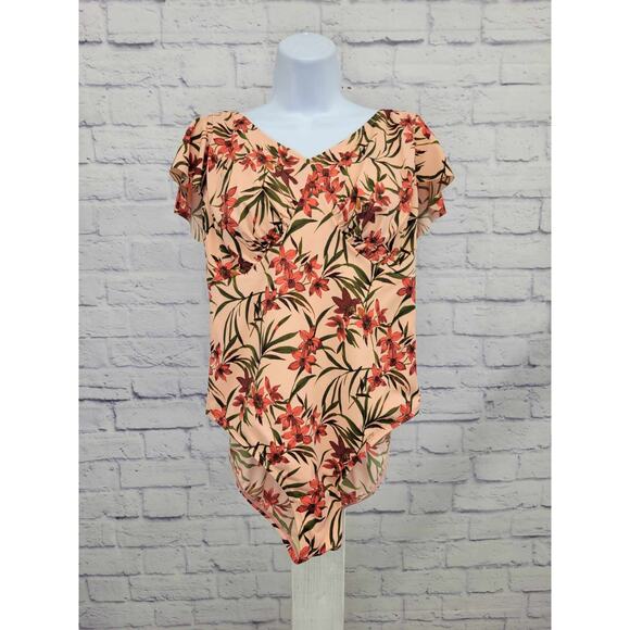 10R PEACH A392811 Denim & Co. Beach Draped Ruffle Sleece One-Piece - Picture 1 of 2